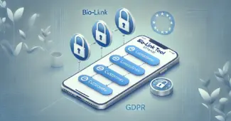 Smartphone mit Bio-Link Tool und Datenschutzsymbolen auf einem blauen Hintergrund.