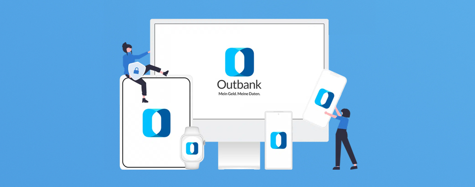 Promocodes - Aktuelle Coupons 6 Outbank Banking App: Jetzt 3 Gratismonate sichern, anstatt nur 14 Tage kostenlos testen. Die Abbildung zeigt eine Werbegrafik, welche suggeriert, dass Outbank nicht nur für macOS verfügbar ist, sondern auch für iOS und iPadOS.