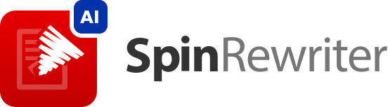 Logo von Spin Rewriter mit rotem Hintergrund und Schriftzug in Grau.